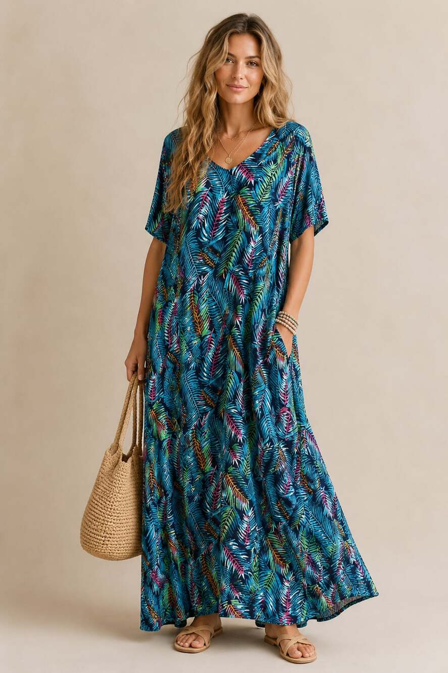 Tropical Palm Leaf Maxi Dress Resortcore Coastal Vacation Boho Plus 1X Petite